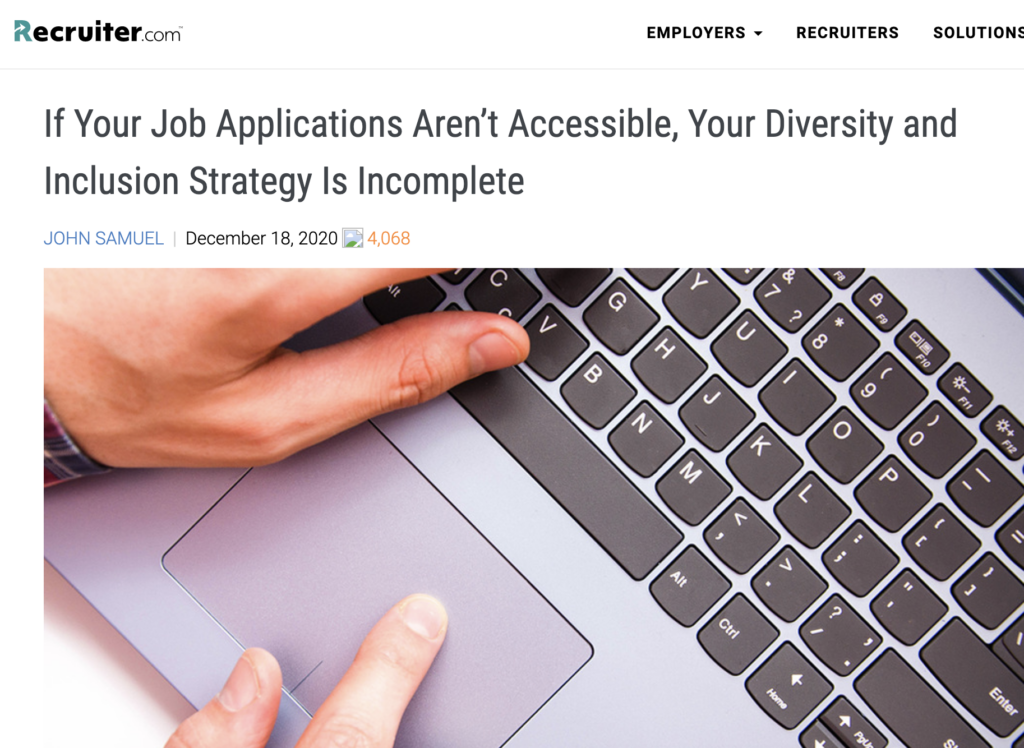 Image of Recruiter.com article with laptop keyboard and copy that reads If Your Job Applications Aren’t Accessible, Your Diversity and Inclusion Strategy Is Incomplete