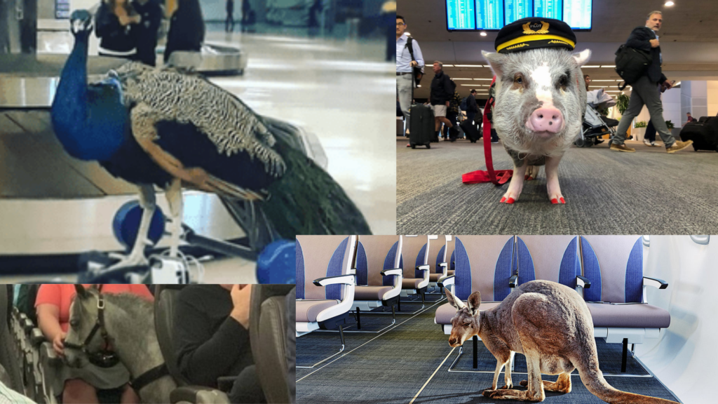 Montage of peacock, kangaroo, miniature horse and pig in airplanes and at the airport