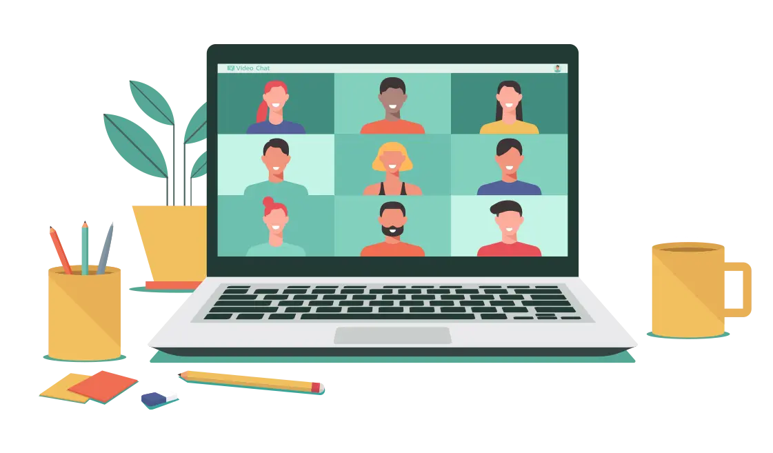Graphic shows team participating in a virtual learning session